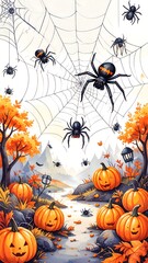 A spooky autumnal scene showcases a winding stream, surrounded by jack-o'-lanterns and various spiders on a large web, with autumnal foliage and a misty mountain range.