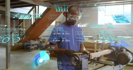 Woodworking craftsman tightening wheel, starting lathe, carving cylinder while monitoring AR charts - Powered by Adobe