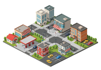 Isometric 3D view of a busy city intersection with shops, houses, office buildings, gas station, cars, and crosswalks, perfect for urban planning, business, real estate, and marketing themes