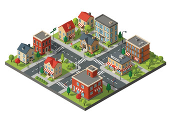 Isometric 3D view of a modern city intersection with buildings, houses, cars, crosswalks, and street signs, ideal for urban planning, real estate, business, and marketing concepts