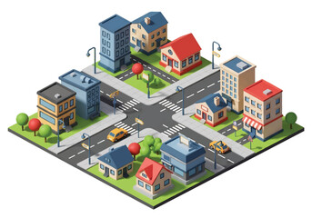 Isometric 3D view of a modern city intersection with buildings, houses, cars, crosswalks, and street signs, ideal for urban planning, real estate, business, and marketing concepts