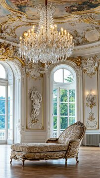 Luxurious baroque interior with elegant chandelier and ornate decor in sunlit grand hall