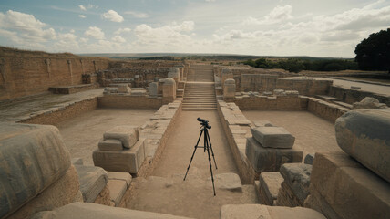Tripod with mounted camera in ancient stone ruins facing central staircase