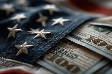 Folded American flag with hundred dollar bills tucked inside creates a symbol of patriotism and wealth
