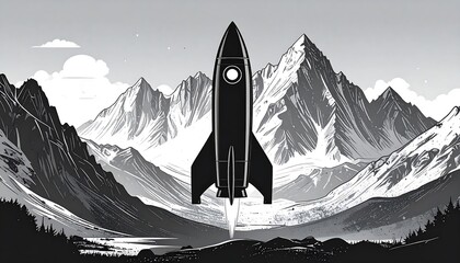 A black rocket ship ascends into a breathtaking mountain landscape, conveying a powerful message of exploration and ambition.