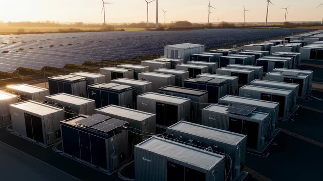 Drone footage capturing the layout of newly installed microgrid battery containers at an industrial renewable energy site.