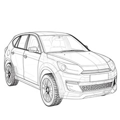 Detailed outline drawing of a modern SUV, showcasing intricate design elements and technical precision.