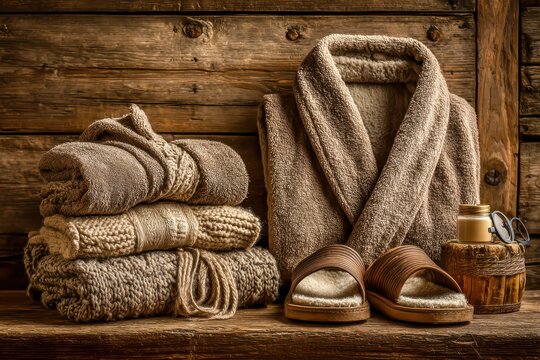 Cozy spa day still life featuring a plush bathrobe, stacked knitwear, and comfortable slippers, all set against a rustic wooden backdrop for a warm and inviting mood.