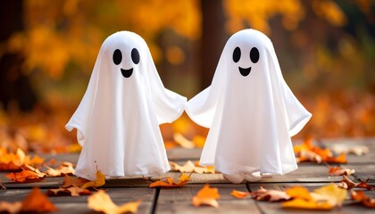 Two friendly ghosts stand hand-in-hand on a wooden surface covered with autumn leaves, bathed in warm, golden light.