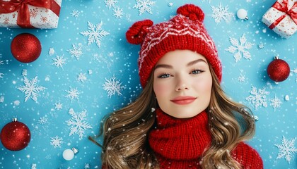 A young woman with long brown hair lies on a blue background decorated with snowflakes, red ornaments, and presents, wearing a red knitted hat and sweater.