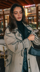 Fototapeta premium Portrait of stylish woman in beige trench coat and black turtleneck, holding a black handbag and gazing into the distance at a cozy outdoor café
