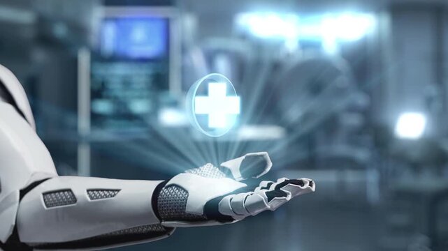 Close up of robot hand open palm of hand with medical cross hologram floating. Hand showing medical cross holographic while accessing and connecting with medical data to diagnosis symptom. Salubrious.