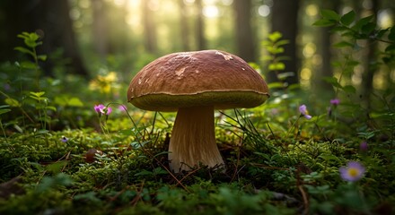 Wild Mushroom Growing on Mossy Forest Floor Bathed in Golden Sunlight.