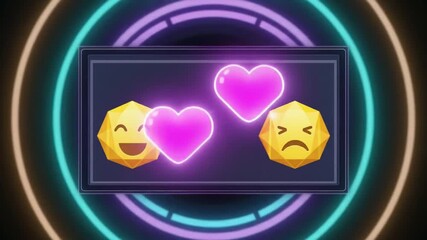 Colorful digital illustration of happy and sad emojis with hearts, glowing in a vibrant background - Powered by Adobe