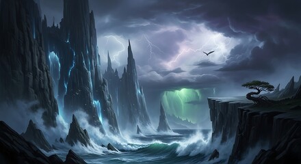 Jagged peaks stormy sea lightning strikes fantasy landscape