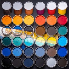 A comprehensive collection of paint colors, displayed in round metal tins, organized in a grid pattern, and accompanied by paint swatches.