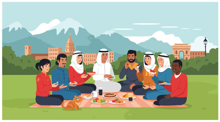 Diverse group of people enjoying picnic outdoors, sharing food together in nature with cultural clothing.