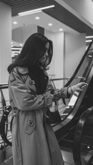 Stylish woman in trench coat with black purse standing near escalator in contemporary shopping center, gazing upwards thoughtfully, surrounded by minimalistic architecture