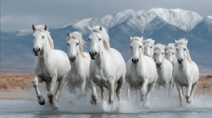 Obraz premium Herd of white horses galloping through water with snowy mountains in the background during a cloudy day