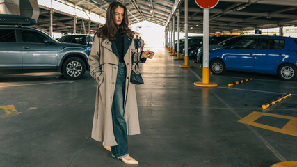 Young stylish woman in beige trench coat and black outfit walking through a parking lot with confident expression