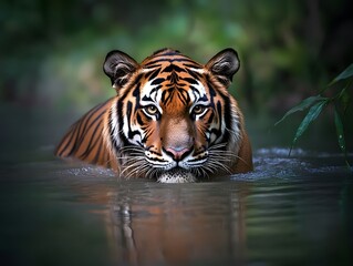 Fototapeta premium Majestic Wildlife Portrait: Enigmatic Tiger Roaming Tropical Jungle Habitat
