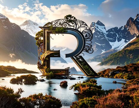 A majestic mountain lake scene is framed by a stylized, ornate letter "R" with lush greenery, evoking a sense of tranquility and wonder.