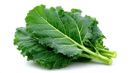 Collard greens fresh, green, leafy vegetables displayed against white backdrop
