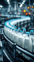 Bottles of fresh milk move along a conveyor belt in a modern dairy processing facility during production hours