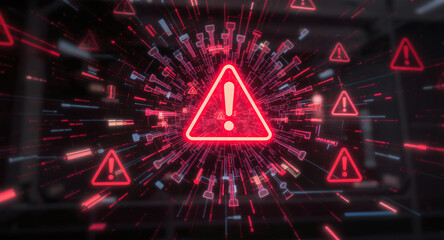 A virus alert warning displayed on a digital screen with red danger symbols and glitch effects, in a futuristic environment	
