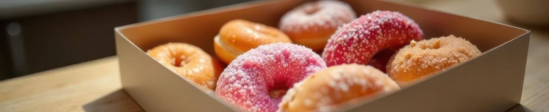 A box of assorted sugar donuts filled with sima on a kitchen counter, desserts, sima, baked goods