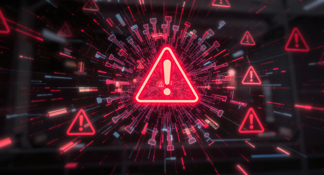 A virus alert warning displayed on a digital screen with red danger symbols and glitch effects, in a futuristic environment	
