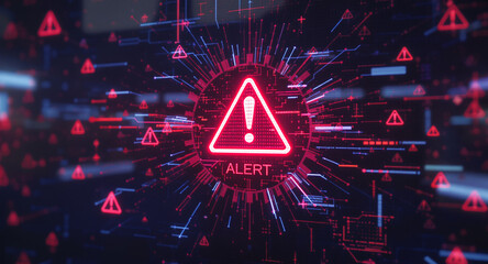 A virus alert warning displayed on a digital screen with red danger symbols and glitch effects, in a futuristic environment	
