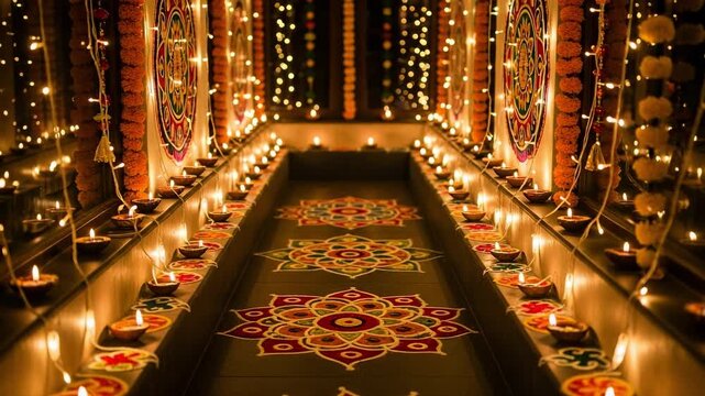 Festive Indian celebration with traditional decorations. Lit diya oil lamps, colorful rangoli patterns, and marigold flower garlands creating a warm glowing ambiance.