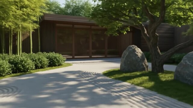 Zen garden with sand raking and green bamboo meditative still life scene