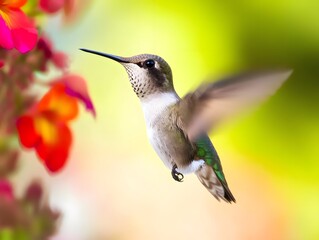 Fototapeta premium Vibrant Hummingbird in Flight: Macro Nature Photography in Blooming Garden