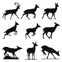Collection of nine diverse deer silhouettes in various poses and movements on a white background