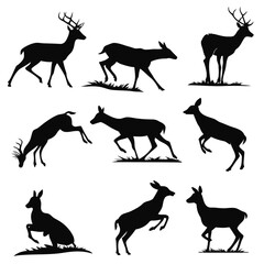 Collection of silhouette deer in various poses and actions on a white background