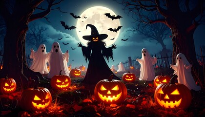 A Halloween night scene with ghosts, a witch, and jack-o'-lanterns, illuminated by moonlight and a spooky atmosphere.