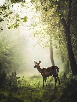 Elegant Wildlife: Serene Morning Deer in Misty Forest - Nature Photography Portrait