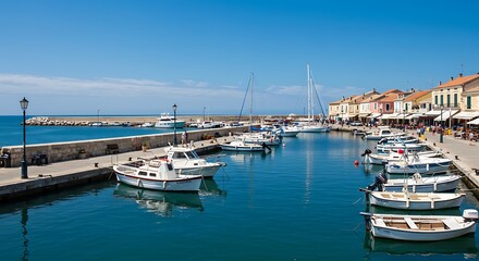 Fototapeta premium Tranquil Marina View with Clear Turquoise Waters and Buildings Under Blue Sky