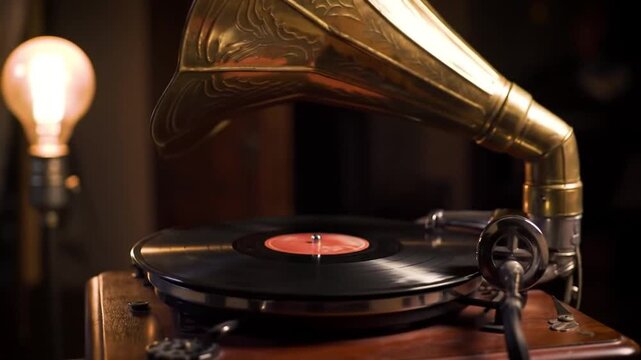 Vintage gramophone horn glows with warm light, evoking nostalgia and classic sound.