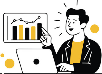Illustration of a cartoon man presenting a business chart on a laptop isolated on white background, representing data analysis, financial growth, and strategic planning in a modern design