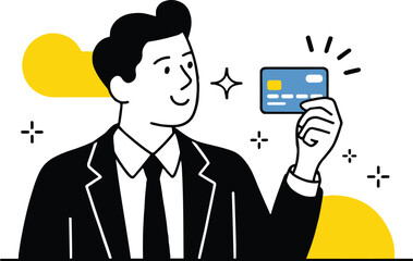 Illustration of a man in a suit holding a credit card, symbolizing financial transactions, online payments, and modern banking solutions isolated on white background