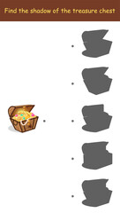 Find the shadow of the treasure chest. Maze game. Open chest with gold coins, gems, jewelry. Cartoon vector illustration for children's entertainment, activity book.