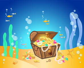 Open pirate treasure chest with gold coins, gems on the sea bottom. Cartoon vector illustration for children's book, notebook, background.