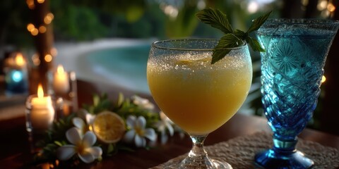 Refreshing tropical cocktails served beside a serene pool during an enchanting evening gathering