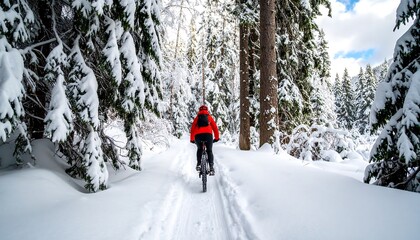 Person on a bicycle in a snowy forest