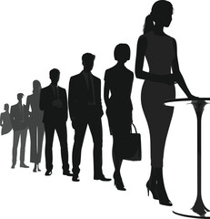 Business People Waiting in Line, Silhouette of Corporate Professionals, Queue at Podium, Leadership and Career Opportunity Concept, Workplace Hierarchy, Modern Office Standing Group