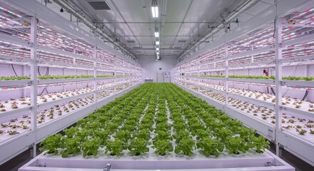 Modern Hydroponic Farming Facility with Rows of Vibrant Green Lettuce Under LED Grow Lights