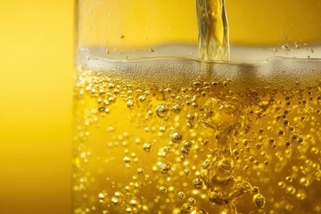 Close-up of a glass filled with golden fizzy beverage. Bubbles rise to the surface, creating a refreshing appearance. Bright yellow background enhances the drink's color.